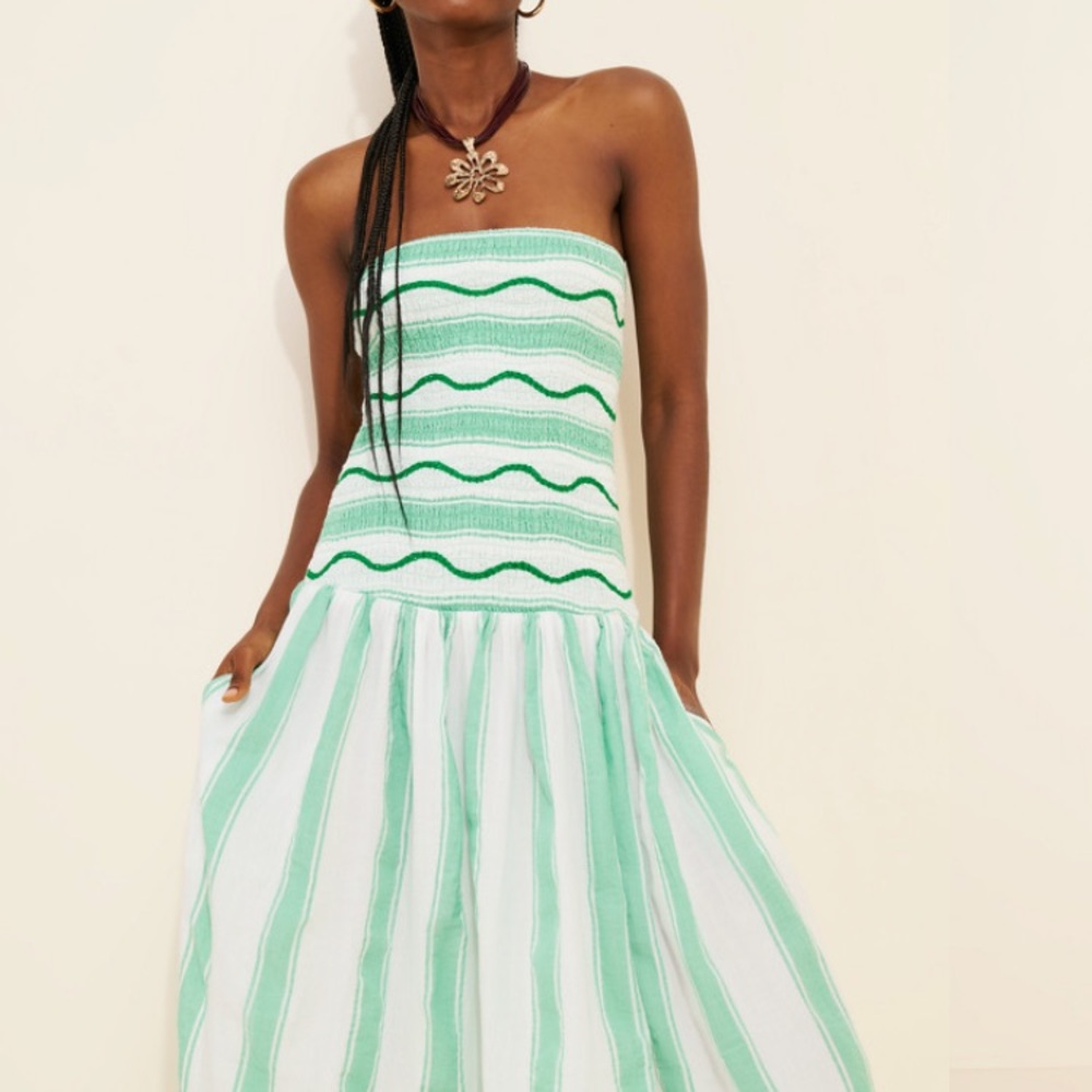 New w Tag: Celandine Strapless Smocked Drop-Waist Midi Dress. Size Medium